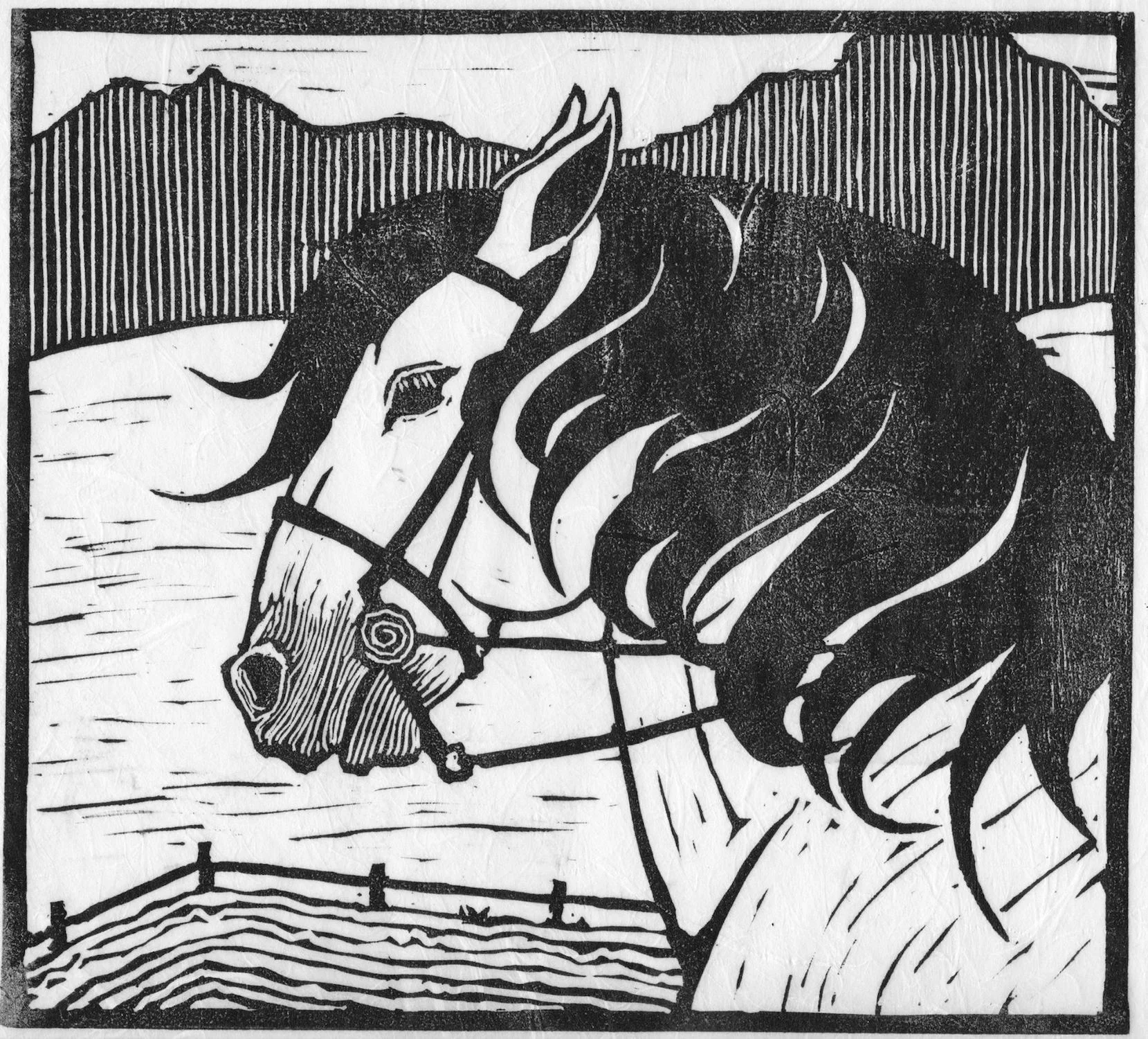 "Bocefalus," Linoleum print on Unryu paper, edition of 30. Also comes in red on whate Unryu paper. 7.75 x 8.75 inches$85 each.