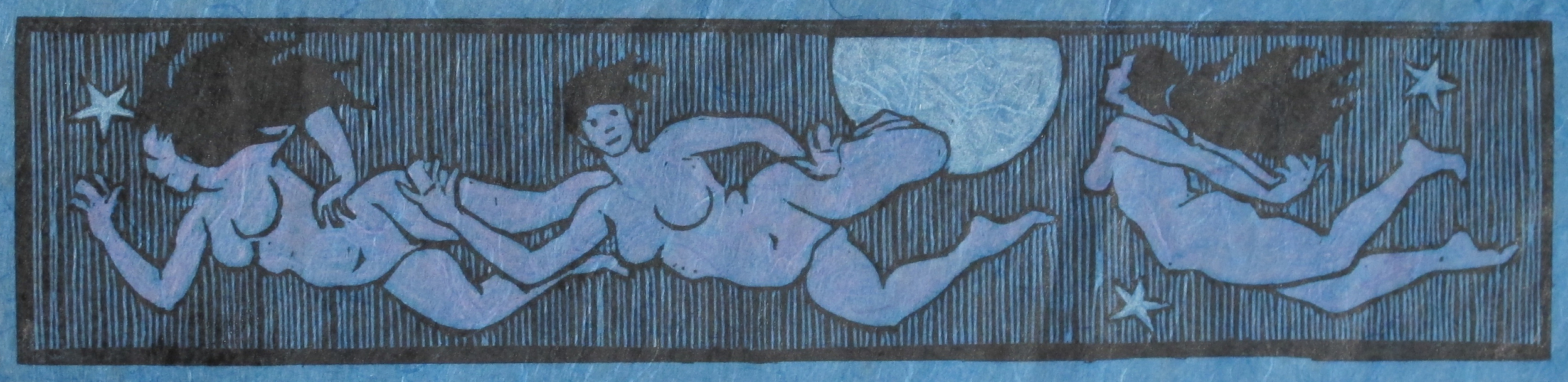 "Milky Way: The Nymphs Learn to Fly" Hand-Colored Edition of 20. Linoleum cut on Unryu paper. 3 x 13 inches. $120 each.