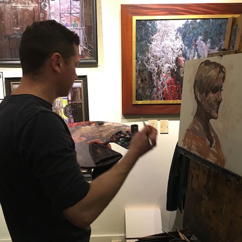 Artist Timur Akhriev, my son, painting live at the Beverly McNeil Gallery yesterday.