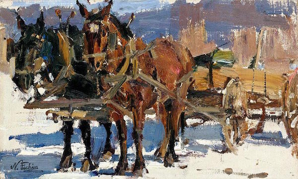 Horses hitched, Nikolai Fechin (Russian artist, later moved to the USA and settled in Taos)
