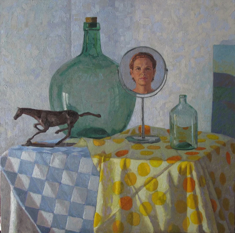  Experimenting with shades of purple in the larger green bottle. It was good, but too heavy handed. 