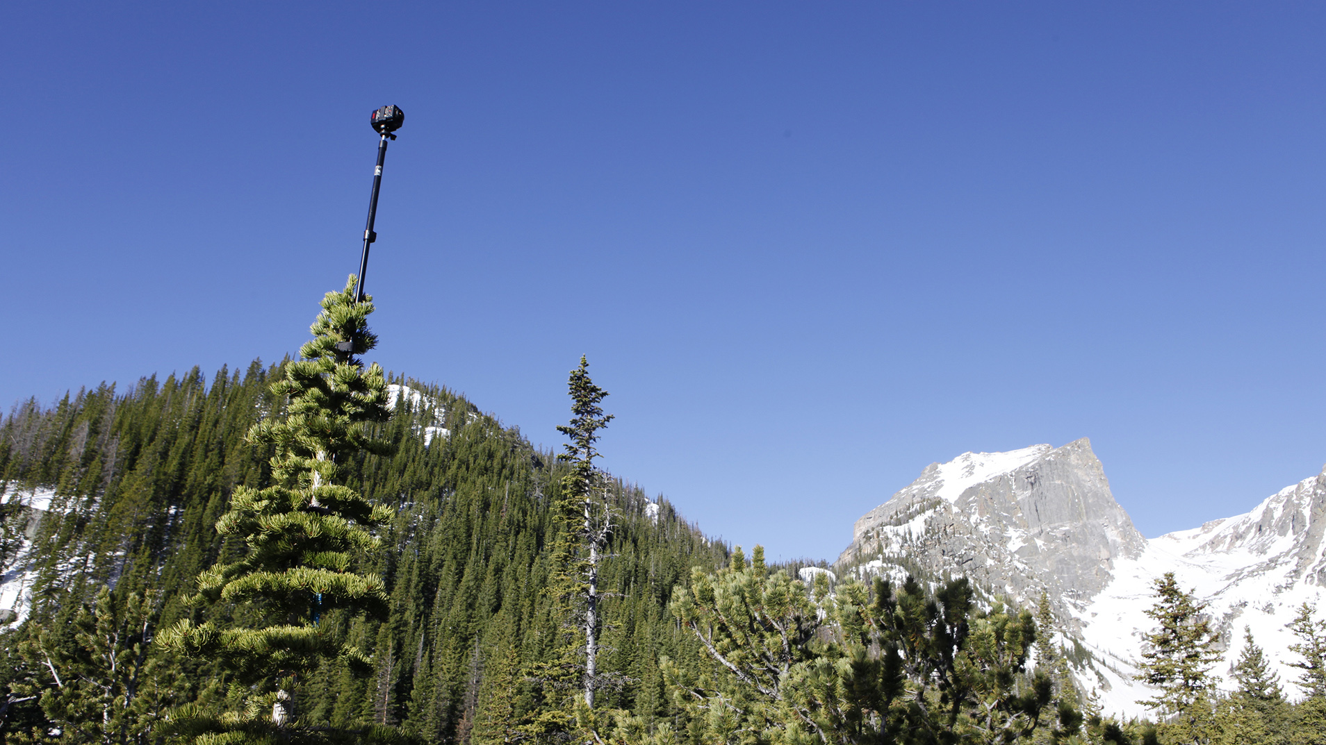 The PixPro 4k 360° rig capturing Glacier Gorge from the treetops