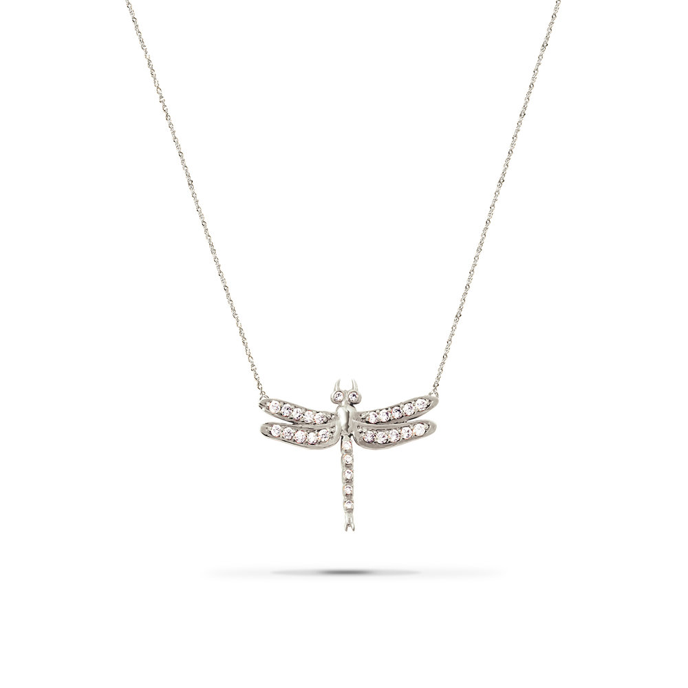 14k White Gold Diamond Dragonfly Filigree Necklace