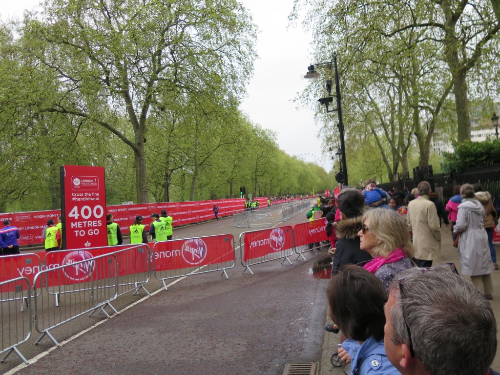 We could see runners come down Birdcage Walk and turn right into the race’s final stretch.