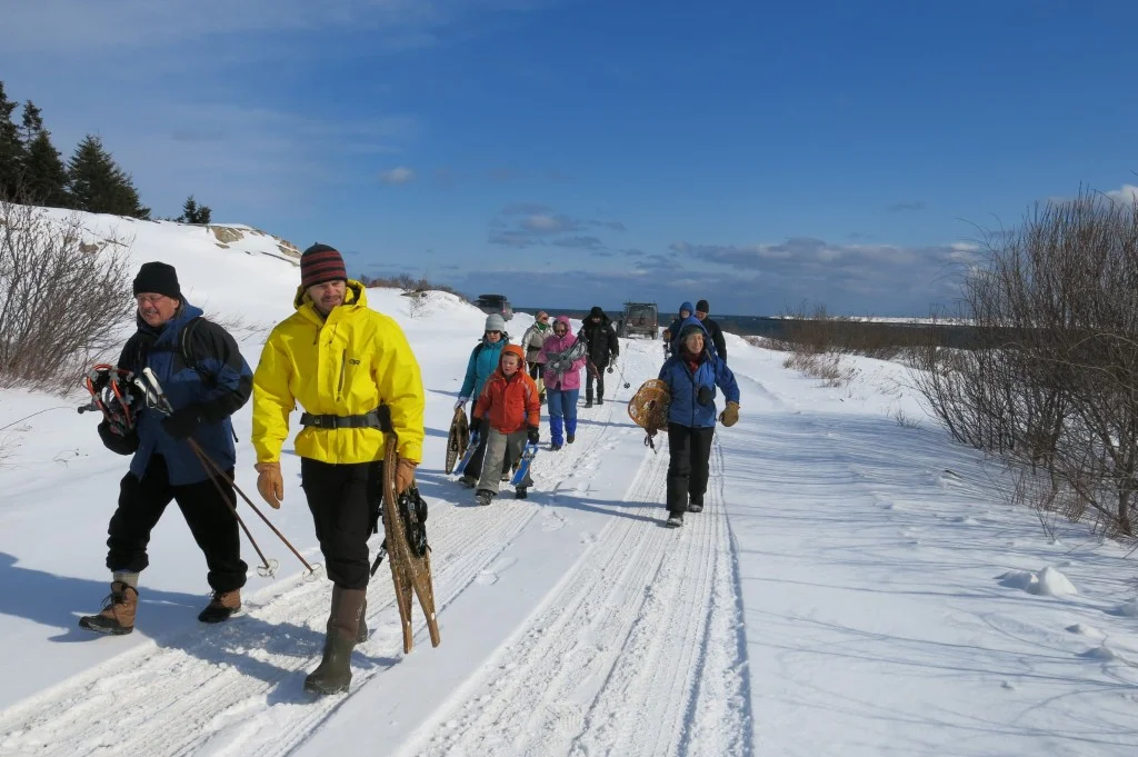 Acadia National Park superintendent Sheridan Steele (front, left) and Schoodic Institute president and CEO Mark Berry (yellow jacket) led the group to our animal-tracking hike on Schoodic’s Alder Trail. Sheridan and the national park provided enthusiastic support to Mark, Mark’s team (including events coordinator Megan Moshier) and other organizers, most notably behind-the-scenes dynamo Mary Laury of Schoodic Arts for All.