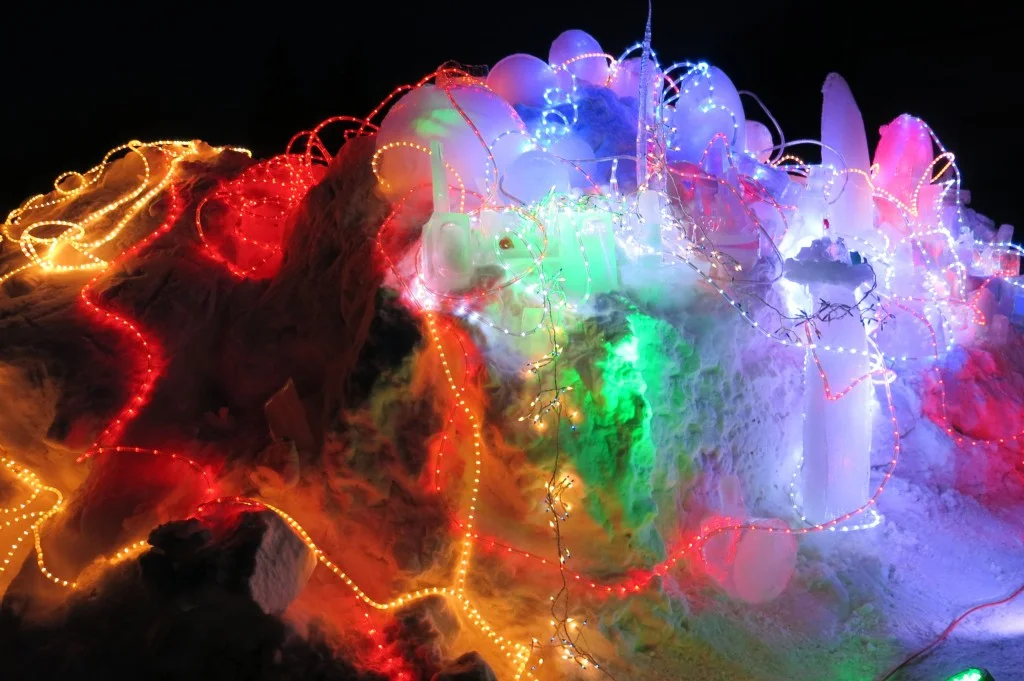 At night the sculpture lit up and changed color, a snowbank transformed into art.
