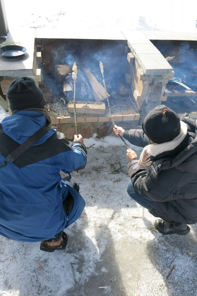 She demonstrated how to cut wood shavings for the fire with her homemade crooked knife, a type of tool long used by Native Americans. She constructed hers from a crooked piece of yellow birch, a straight razor she found in an antique store and a wrapping of moose hide.