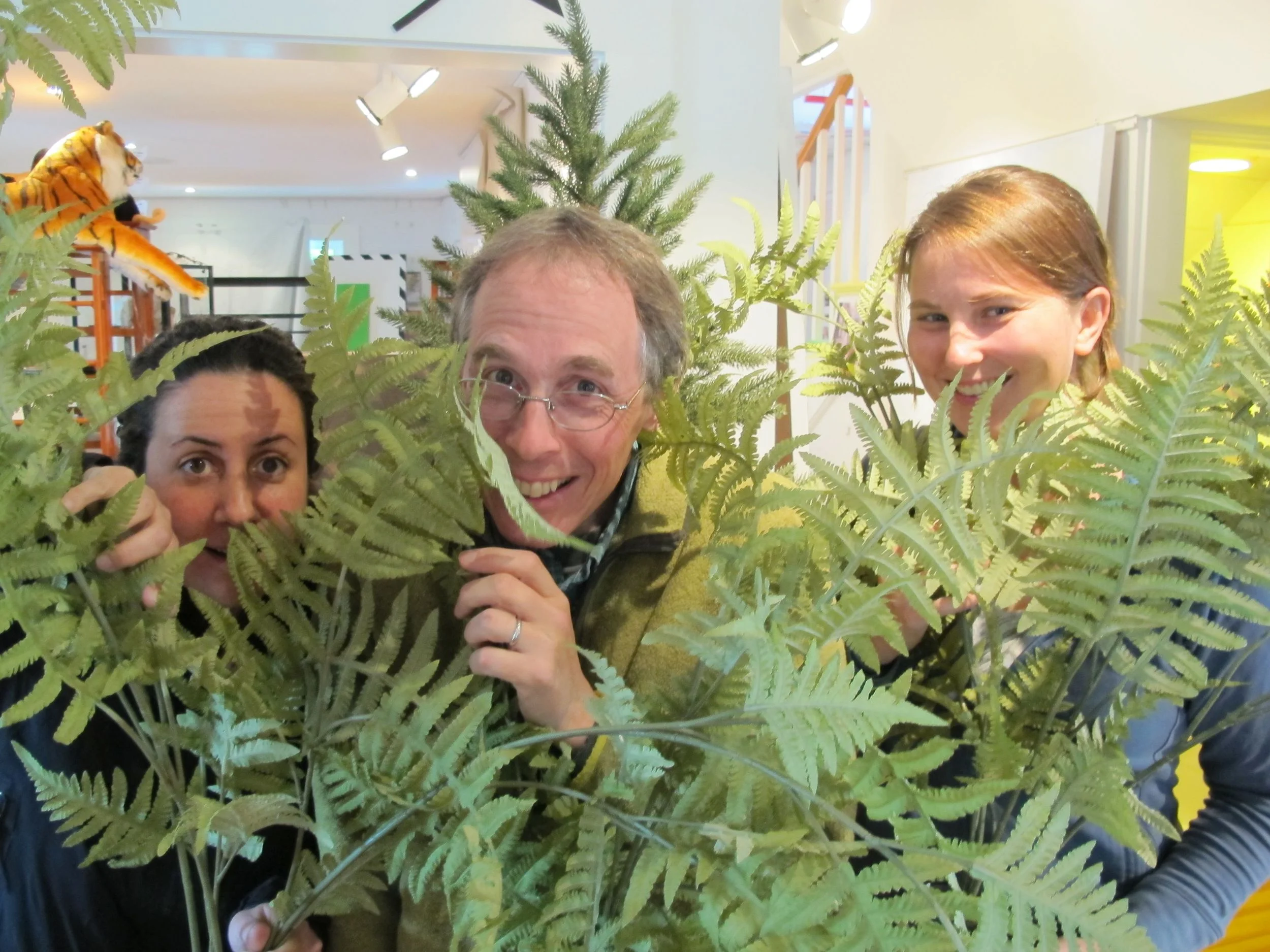 We'll be taking visitors through a unique indoor exploration of part of Acadia National Park, complete with faux flora. Here Notebook friend Peggy Knox (left) and biologist Caitlin McDonough MacKenzie—a Pd.D. student studying the effects of climate change on plants in Acadia—join me in checking out ferns.