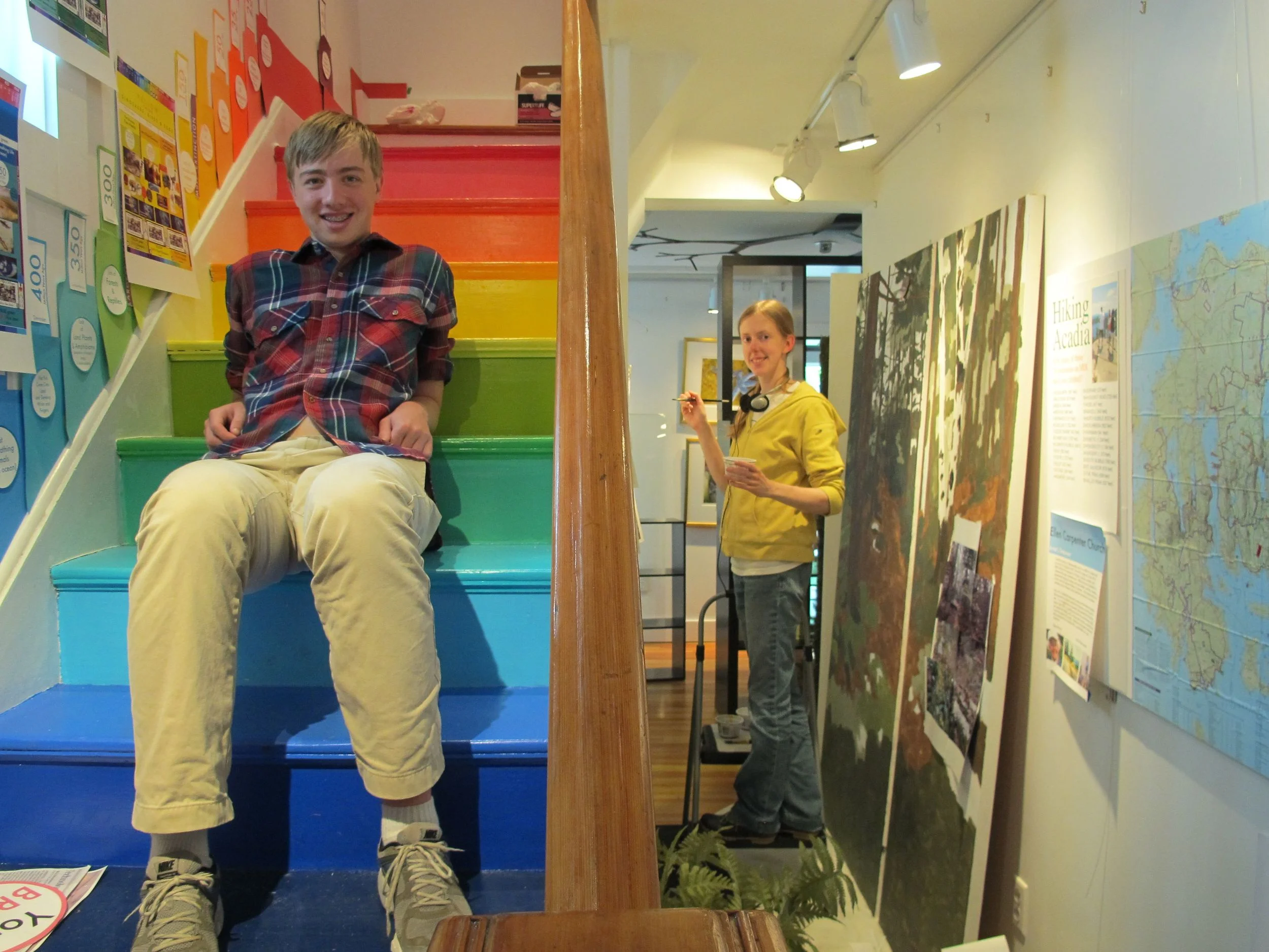While Amy Gagnon continued applying her artistic talents to hallway nature murals, high school senior-to-be David Eacho, our longtime robotics and engineering whiz, made a surprise visit and pondered a project he and fellow student collaborator Melanie Ambler have been developing for our 24-color-coded, 13.8-billion-year staircase.