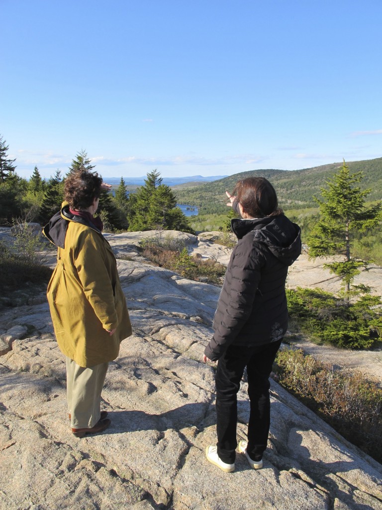 Our friend Rachel (left), from Nova Scotia, helped us with Naturalist's Notebook work and joined us on a hike up South Bubble mountain in Acadia National Park. Here she and Pamelia look out at Eagle Lake.
