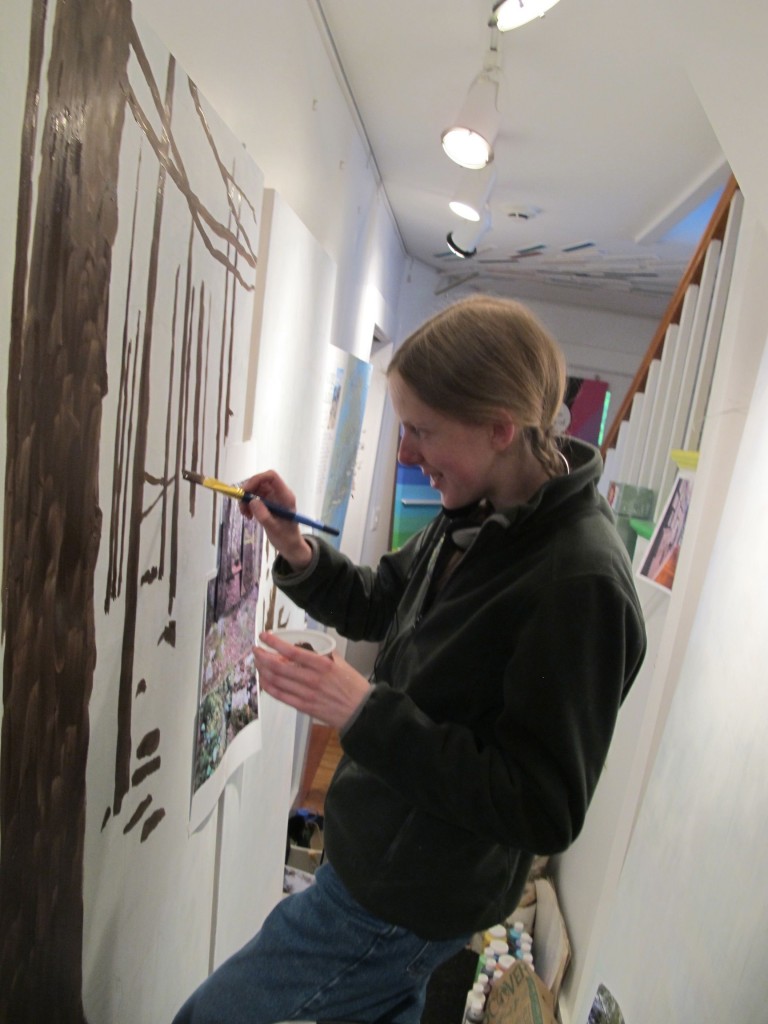 Preparations for The Naturalist's Notebook season—which opens on June 24—are gearing up. Here new Notebook team member (and gifted artist) Amy Gagnon works on an Acadia-related mural.