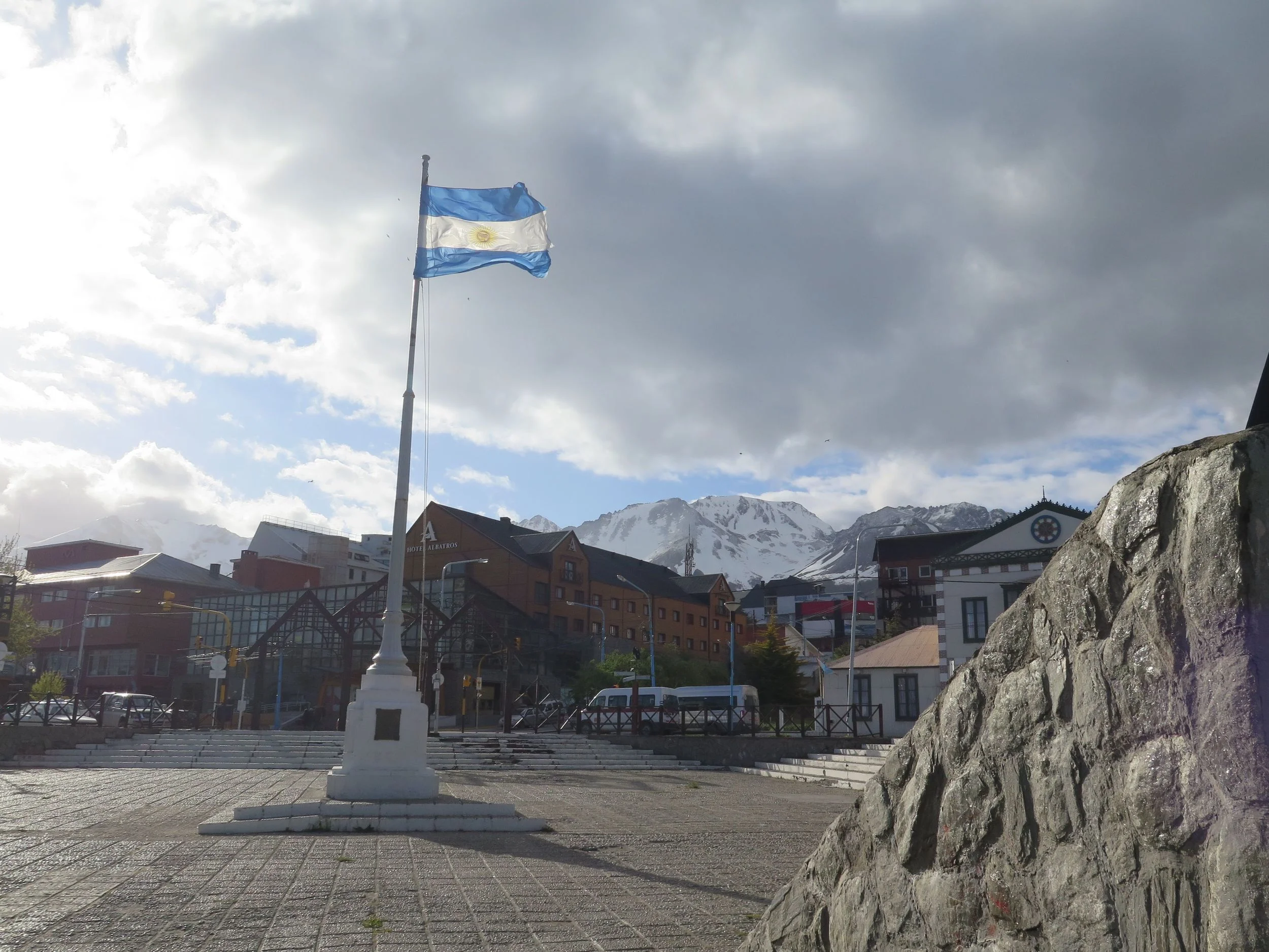 Winds in Ushuaia's city square whipped the Argentinian flag, whose blue-and-white motif reflected the snow-and-iceberg color palette that would soon surround us in the Antarctic.