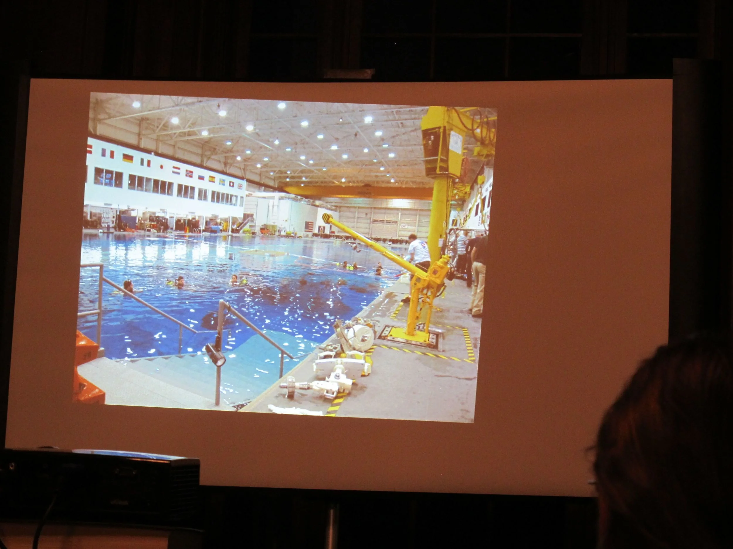 At the Johnson Space Center, Karen took this shot of the world's largest indoor dive facility. It contains a 747-size model of the Space Station that astronauts use to practice space walking. Karen says that walking underwater is the closest approximation to that out-of-this-world experience.
