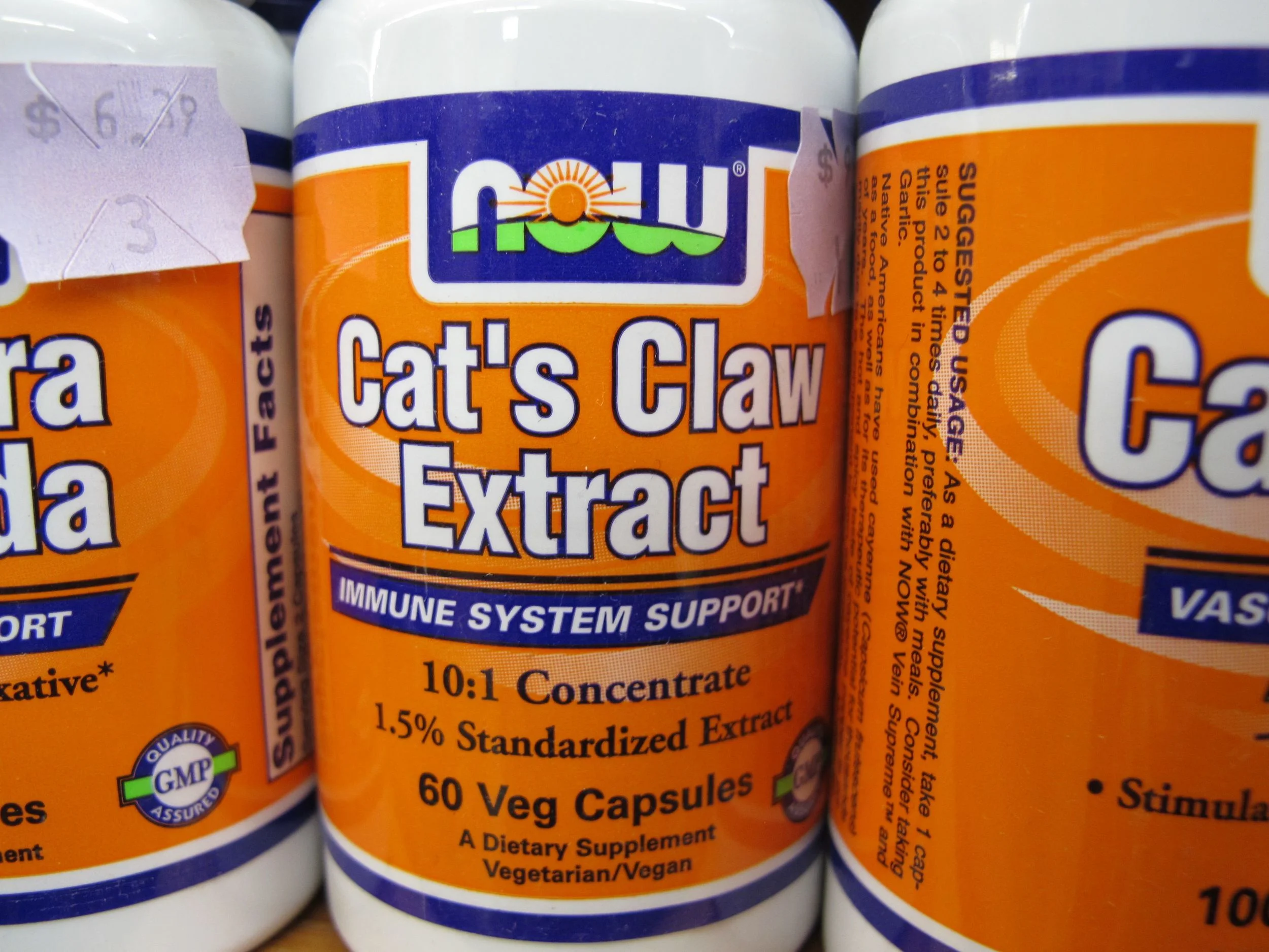 I saw this at the Belfast Co-op market on our drive home and was initially startled by the idea. Turns out Cat’s Claw, otherwise known by the Harry Potter curse of a name Uncaria tomentosa, is a woody vine that has claw-shaped thorns and is also called hawk’s claw and sparrowhawk nail. If what I read on the Internet is correct, it pretty much cures everything.