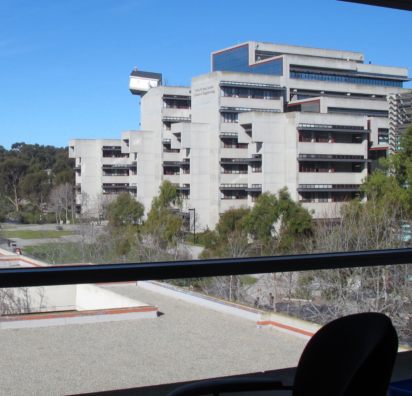 No, that's not Dorothy's house atop the engineering building at UC San Diego. As mentioned on Facebook, it's an art installation by Do Ho Suh. Here's a view of it from the office of one of the people with whom we met, Seth Lerer, the dean of humanities (and an acclaimed writer and literature professor and expert on digital literacy) at UCSD.