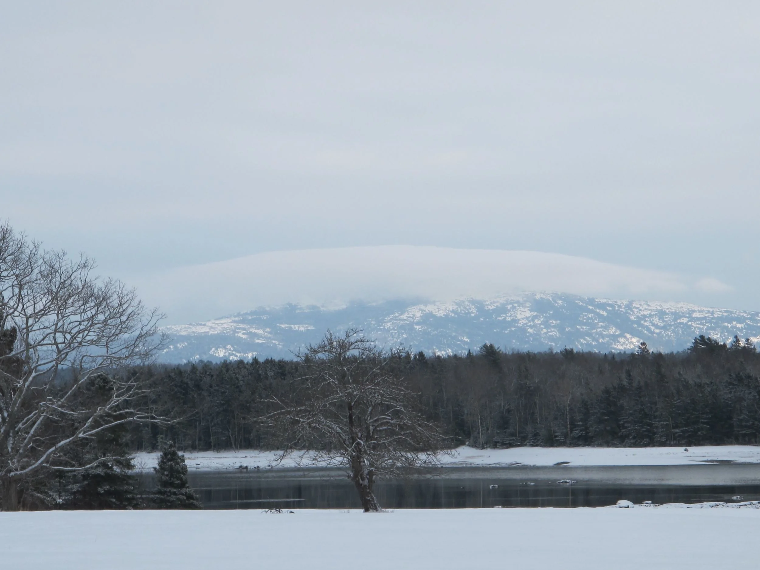 No, the snow isn't 100 feet deep atop Cadillac Mountain, though it looked that way when we took a walk the other day. That white cap was just a cloud that crawled over the peak and moved on.