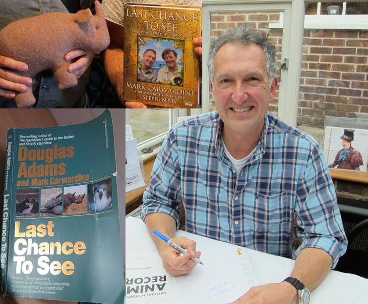 When we met Mark Carwardine in 2011, he had finished writing and filming (with Stephen Fry) a 20-years-later sequel to the original Last Chance to See . That green book is a tattered copy of the original, which we brought along on our Antarctic voyage. The top inset shows the hardcover sequel and one of the Max-the-rhinos we had an artist create after we read and watched that equally important sequel. (Click on the video interview below to see Max the rhino and learn more about Douglas Adams and Last Chance to See .)