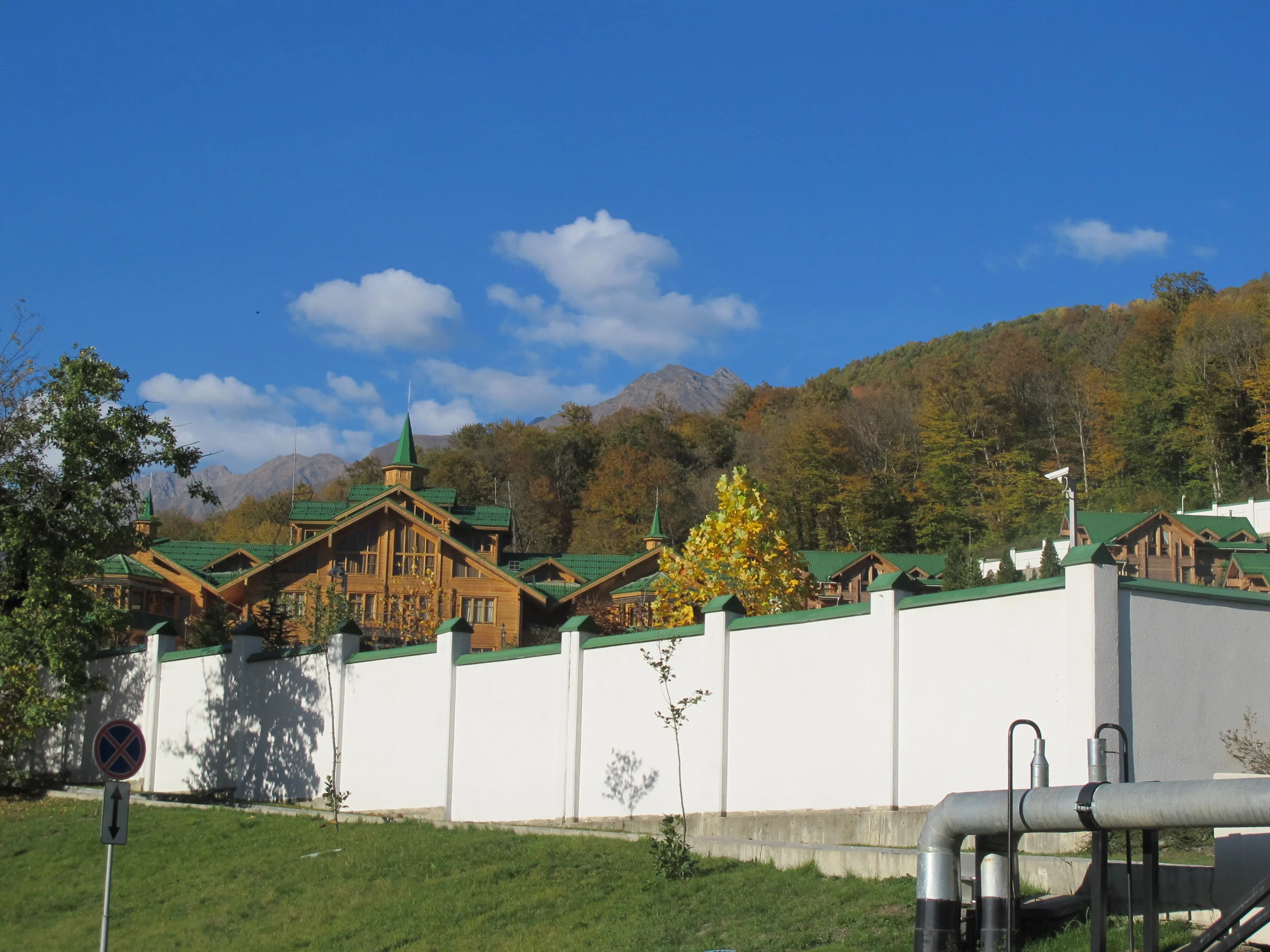 This is Vladimir Putin’s Sochi dacha, adjacent to our hotel grounds. Those grounds, like the dacha, are fenced in and monitored with security cameras. That, alas, makes it impossible for hotel guests to walk out and hike in beautiful Sochi National Park, which surrounds us. Nevertheless, as part of its effort to make the Games environmentally friendly (no small challenge with so much construction going on) the Russian government is introducing new green building standards, minimizing the Games’ carbon footprint and trying to protect or restore wildlife in the national park, including the endangered Persian leopard (also called the Caucasian leopard).