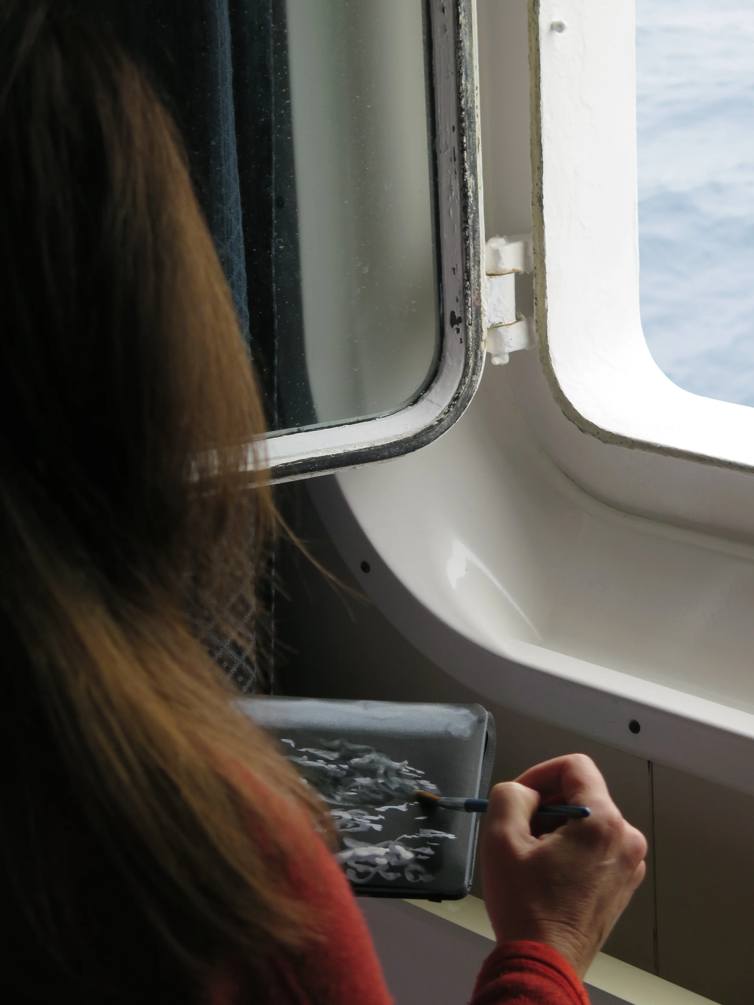 This is a study using white ink in a notebook with black paper, for which she had to think in reverse when trying to represent dark and light. In the days ahead Pamelia would be painting and drawing on the ship and on land, producing 30 studies and experimenting with a video component that we'll show you in the days ahead. 