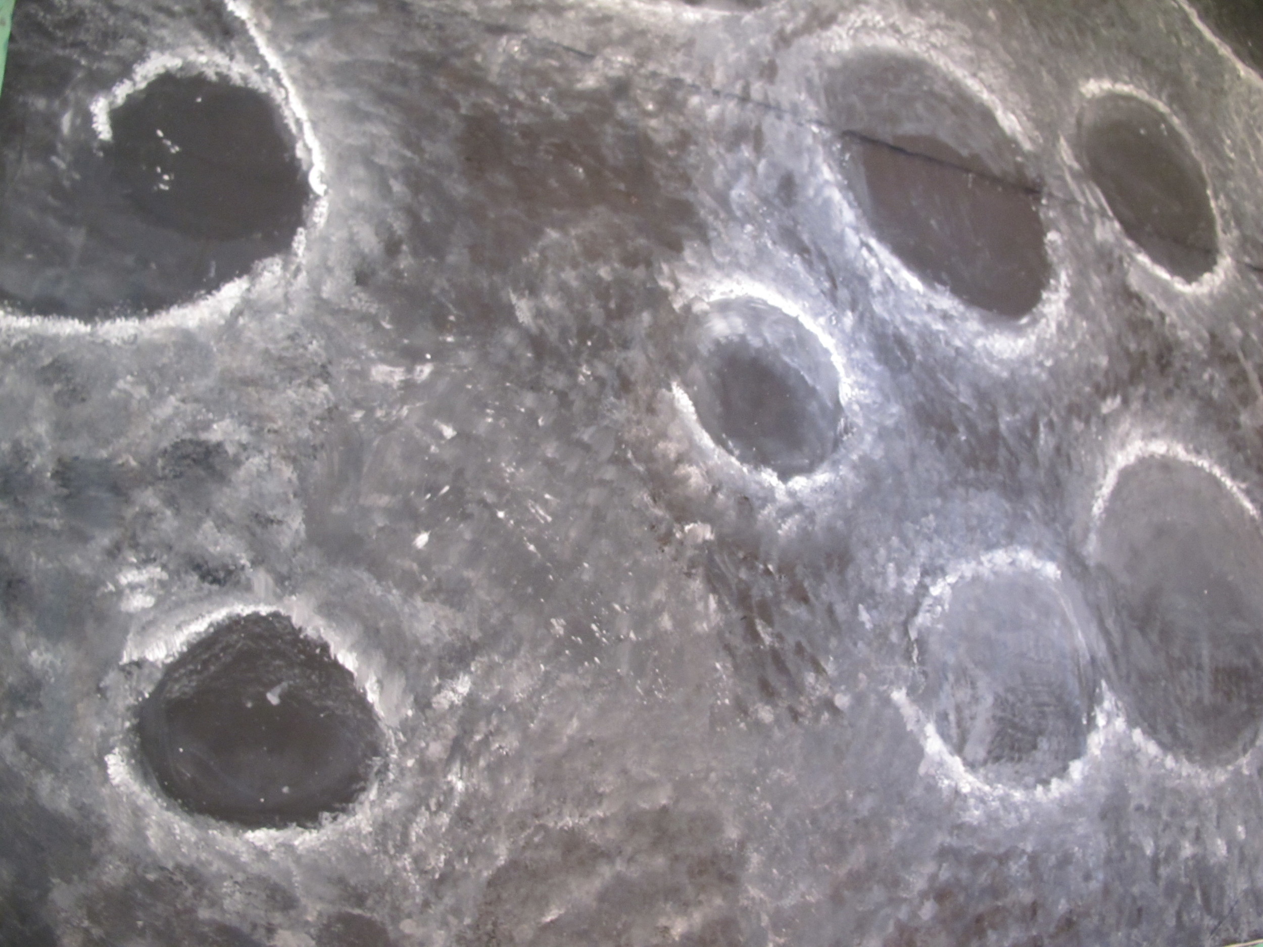 Two of our three high-school interns, Anthea and Melanie, have been painting this Moon surface on canvas stretched across the floor of the garage at our house. It isn’t finished yet, but it will become part of a larger installation that you’ll get to see in the Notebook in 2013.