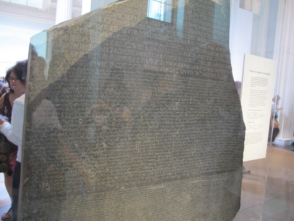 One of the many treasures at the British Museum is the Rosetta Stone, whose engravings of the same words in multiple scripts were a key to the translation of hieroglyphics. It was discovered by Napoleon’s troops near Alexandria, Egypt.