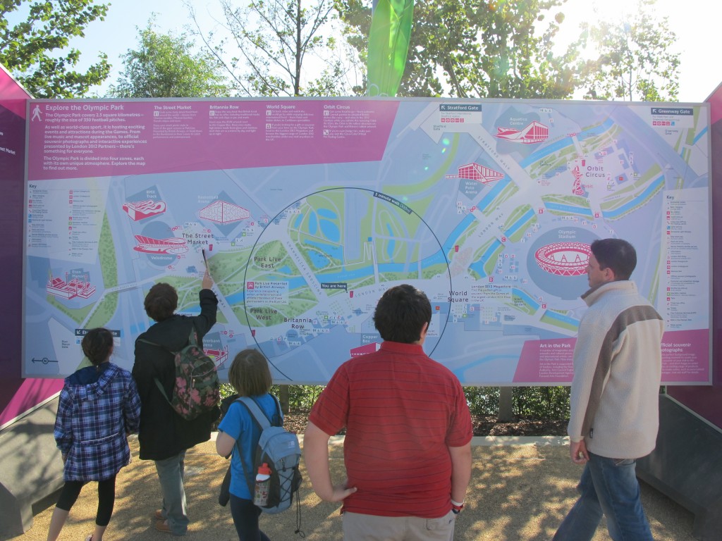 The Olympic Park is large—2.5 square kilometers, or 617 acres. Giant maps help visitors find their way around.