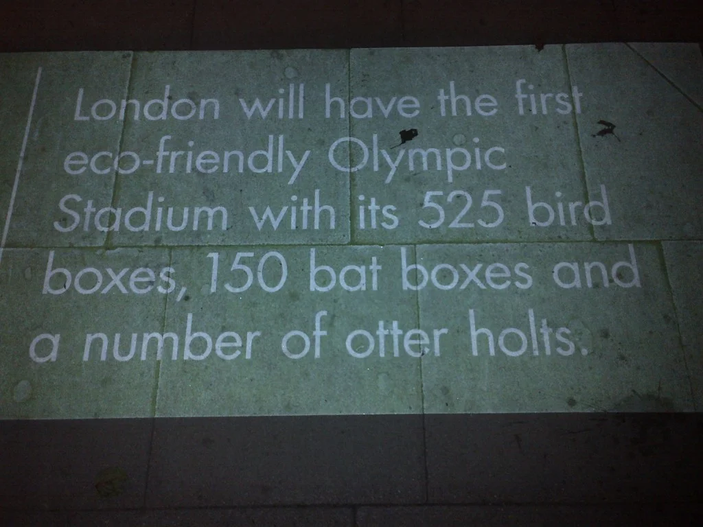 As this sidewalk message notes, the Olympic Stadium is for the birds—and the bats.