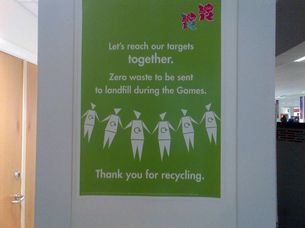 Recycling is another point of emphasis. Here’s a sign from the press-center cafeteria—which, by the way, serves meat and fowl only from animals raised as humanely as possible (short of actually leaving them alive).