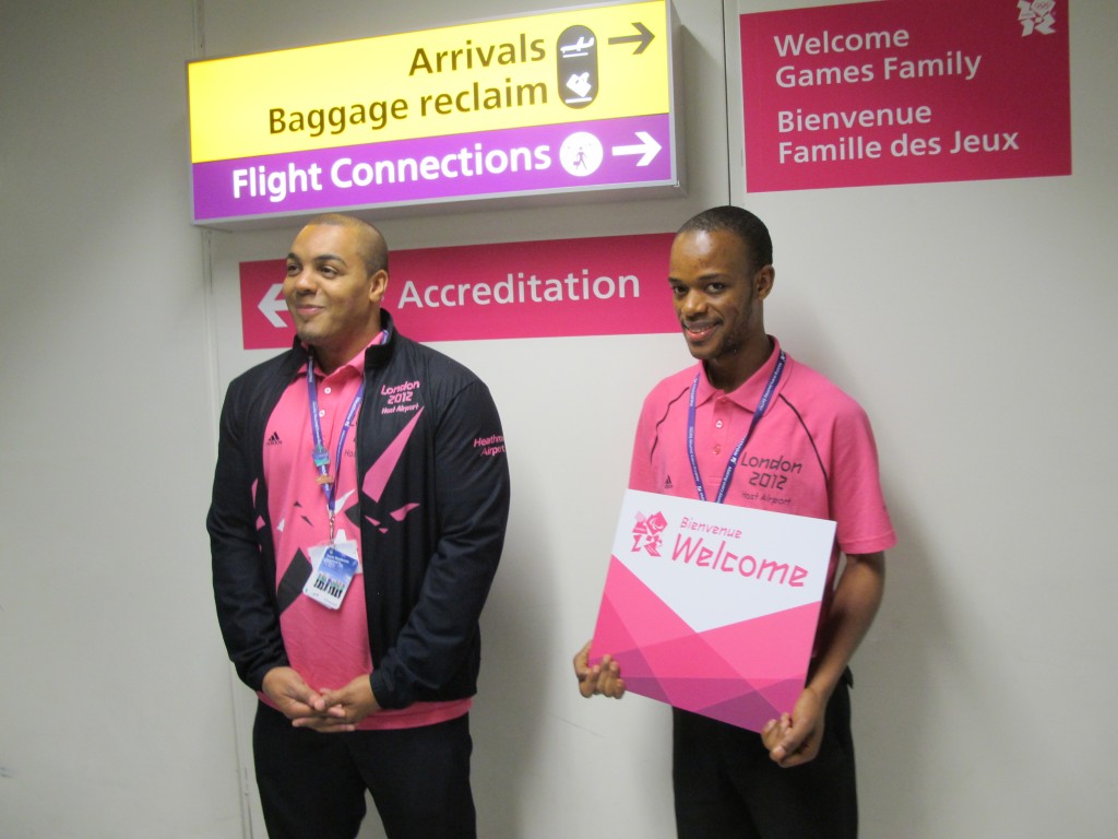 Two of the cheerful volunteers who met us at the airport. The man on the left is an architect who took time off his job to be part of the Olympics; the fellow on the right is a college student on summer break who’s finishing up a degree in political studies. They couldn’t have been nicer or more helpful.
