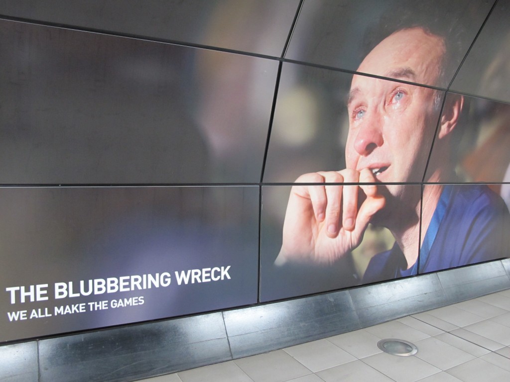 Saw the first of many Olympic billboards. This let’s-rally-behind-the-Games display offered a touch of British humor.
