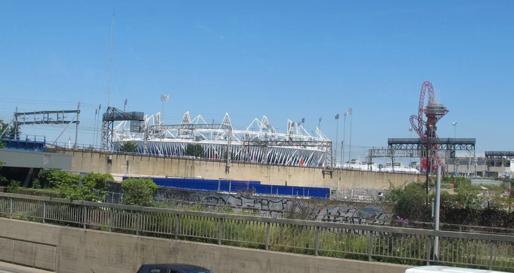That’s the Olympic Stadium in the distance, as seen from the bus that takes media to the Olympic Park.