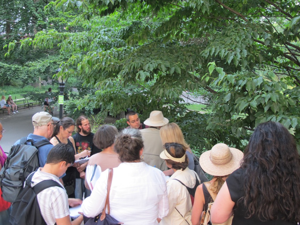 A guide was leading a nature tour by The Pond, perhaps headed for the nearby Hallett Nature Sanctuary, one of the park’s hidden gems. Here he was identifying a dogwood tree.