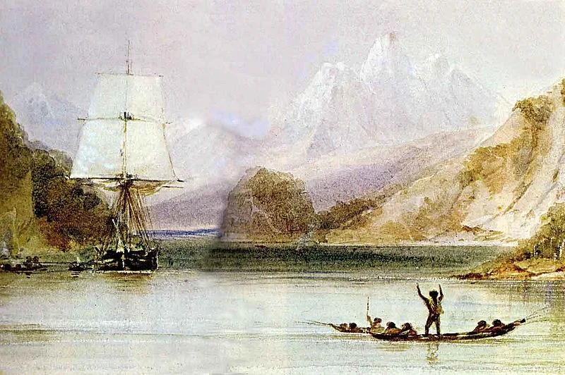Here is the HMS Beagle at Tierra del Fuego, as painted by our ship's draughtsman, Conrad Martens, who became my lifelong friend. Notice the Fuegians waving to us. Do you think they shall still be there when I arrive?