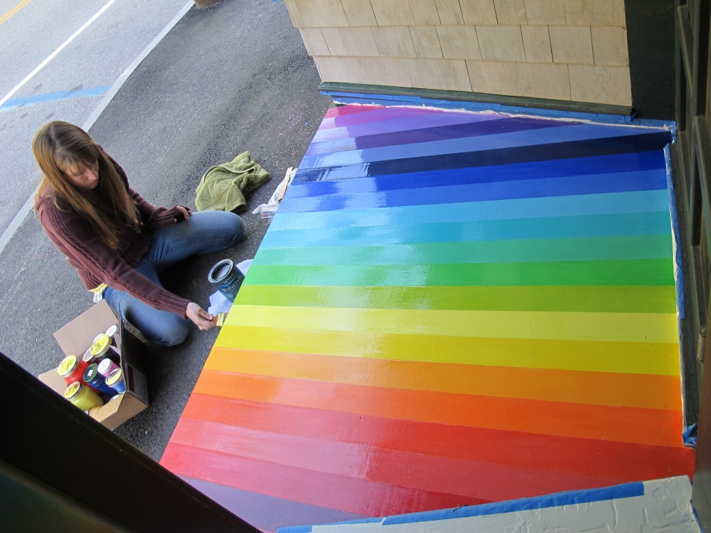 The spectral stoop at the Notebook is ready. Here Julie is adding a coat of polyurethane to complete Eli’s brilliant idea. It has been fascinating to watch the reaction of passers-by to this work of art—drivers have even turned their cars around just to make sure they saw what they think they saw. Just wait until they see what’s inside the Notebook.