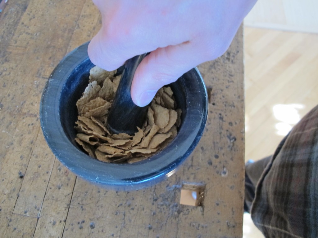 Grinding away…guess I could have saved myself work if I had opened the cereal bag from the bottom, where all the dust settles.