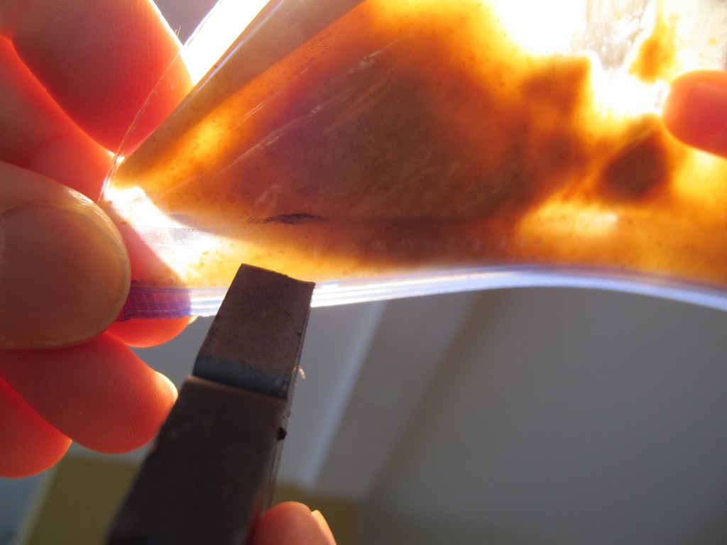 You can see the dark clump of iron just above the magnet.