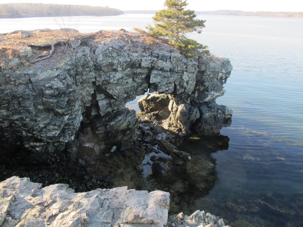 There's a natural-stone arch by the water at Laboratory Point. That's Frenchman's Bay in the distance.