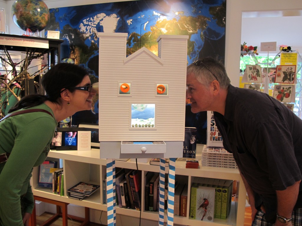Here's one of Rocco's pieces (complete with 3-D viewers) enchanting a couple of visitors at The Naturalist's Notebook in 2010. A mechanical mosquito is flying around the top of the structure.