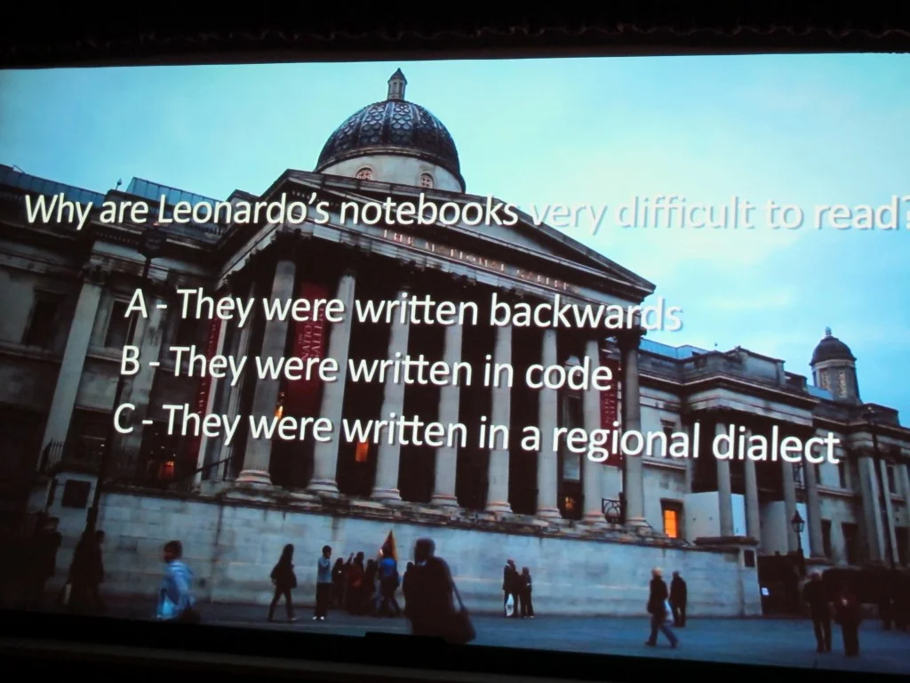 The architectural drawings of da Vinci are famous, but when the National Gallery was built in the 1830s it was ridiculed for having mishmash of disproportionate architectural elements. The building was only one room deep because a workhouse was located behind it. Writer William Makepeace Thackaray ridiculed the gallery—which has since been expanded—as "a little gin shop of a building."