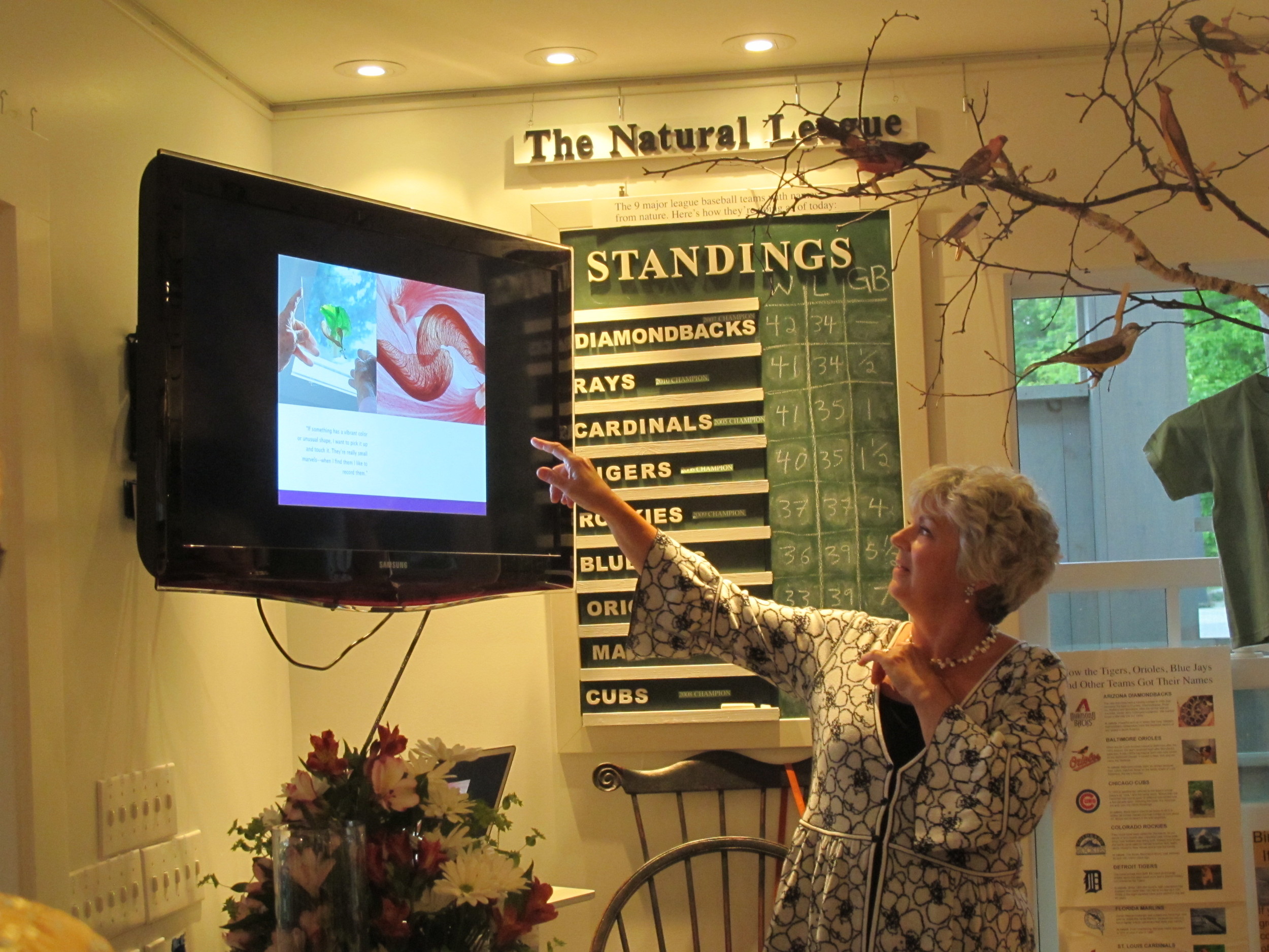 At our book signing and kickoff party on Friday night, author Judy Paolini gave a terrific talk on the 24 New England artists whose gardens she and photographer Nance Trueworthy explored in The Inspired Garden. Note in the background that the Arizona Diamondbacks are currently atop the standings of The Natural League—the group of nine major league baseball teams with names taken from nature.