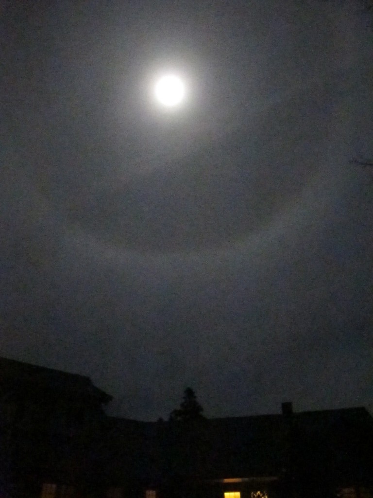 Last week's moon ring (visible over our house) did indeed herald snow and sleet, as folk wisdom would have told you. Moon rings are caused by ice crystals in thin clouds about 20,000 feet off the ground. The rings are made of refracted moonlight, or perhaps I should say reflected and refracted sunlight—after all, what do you think lights up the moon?
