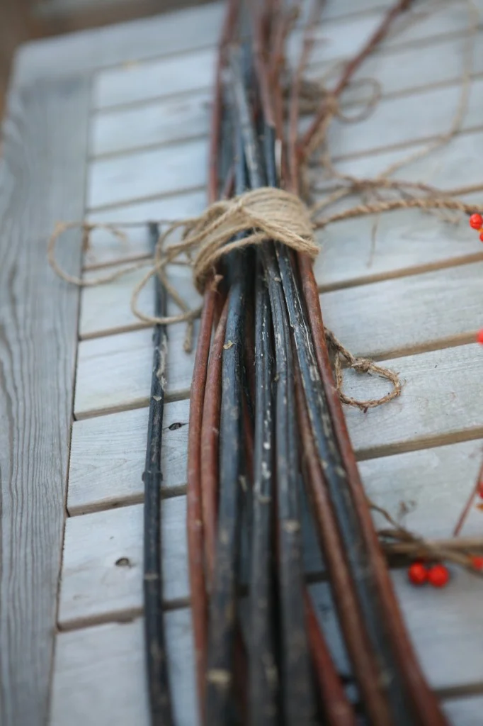 This is what the milkweed stalks looked like before we removed the inner fiber and turned it into the sort of twine you see wrapped around this bundle.