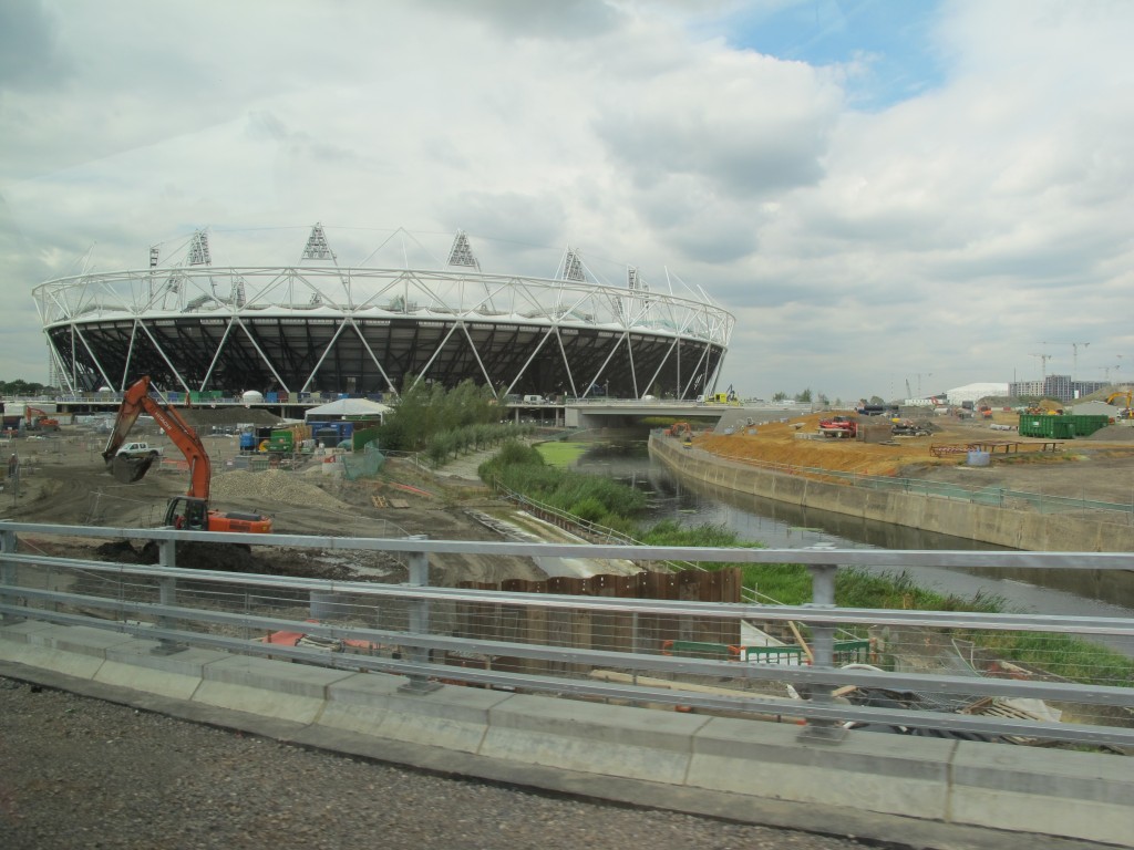 Here's the outside view of the stadium. Olympic organizers have been cleaning up a small river that runs through the Olympic Park; because the river branches, the stadium actually sits on an island.