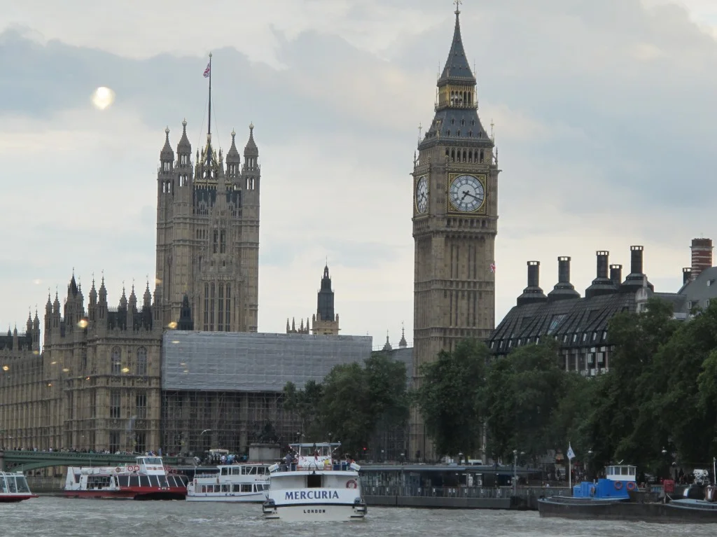 The attendees at the Olympic press meetings were taken on a boat ride on the Thames to see a few of the Olympic venues and landmarks like Big Ben.