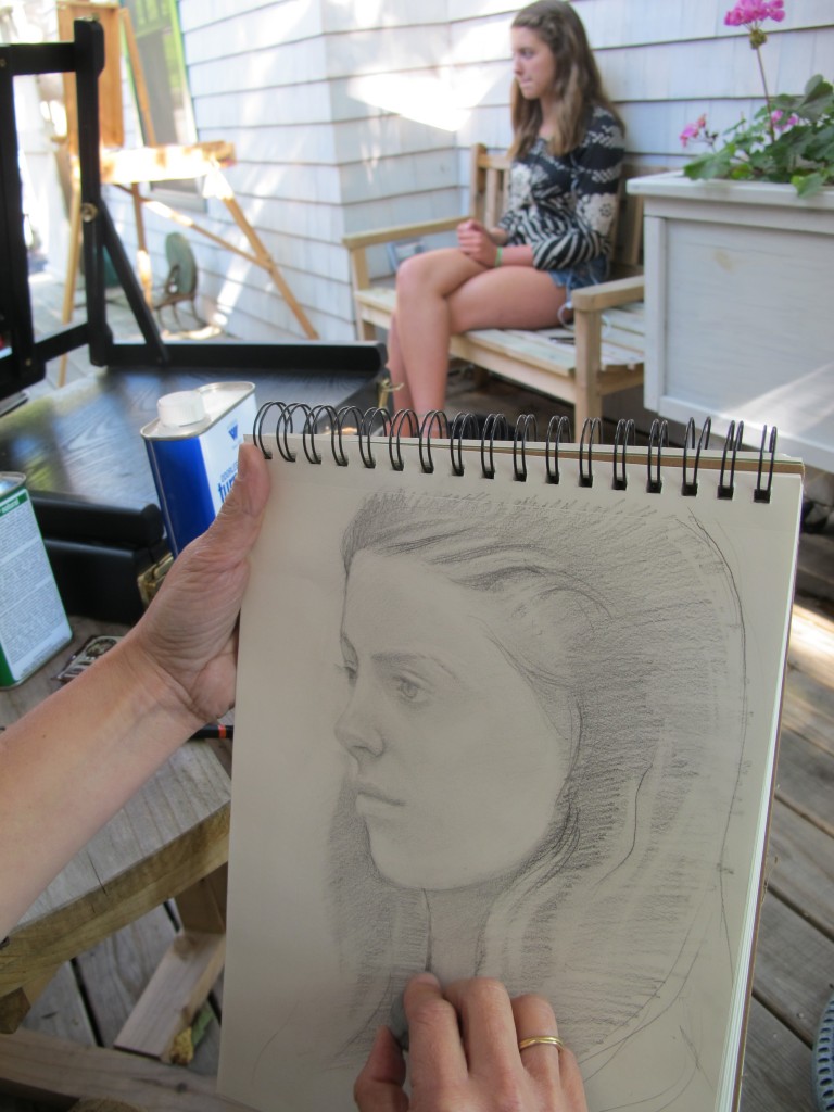 Back at the Notebook, Kathy Coe has been giving art workshops for kids twice a day and offering portrait and oil-painting lessons on weekends; here she is working on a drawing of daughter Anthea. This coming weekend artist Kathi Smith will run a two-day en plein air drawing-with-ink workshop.