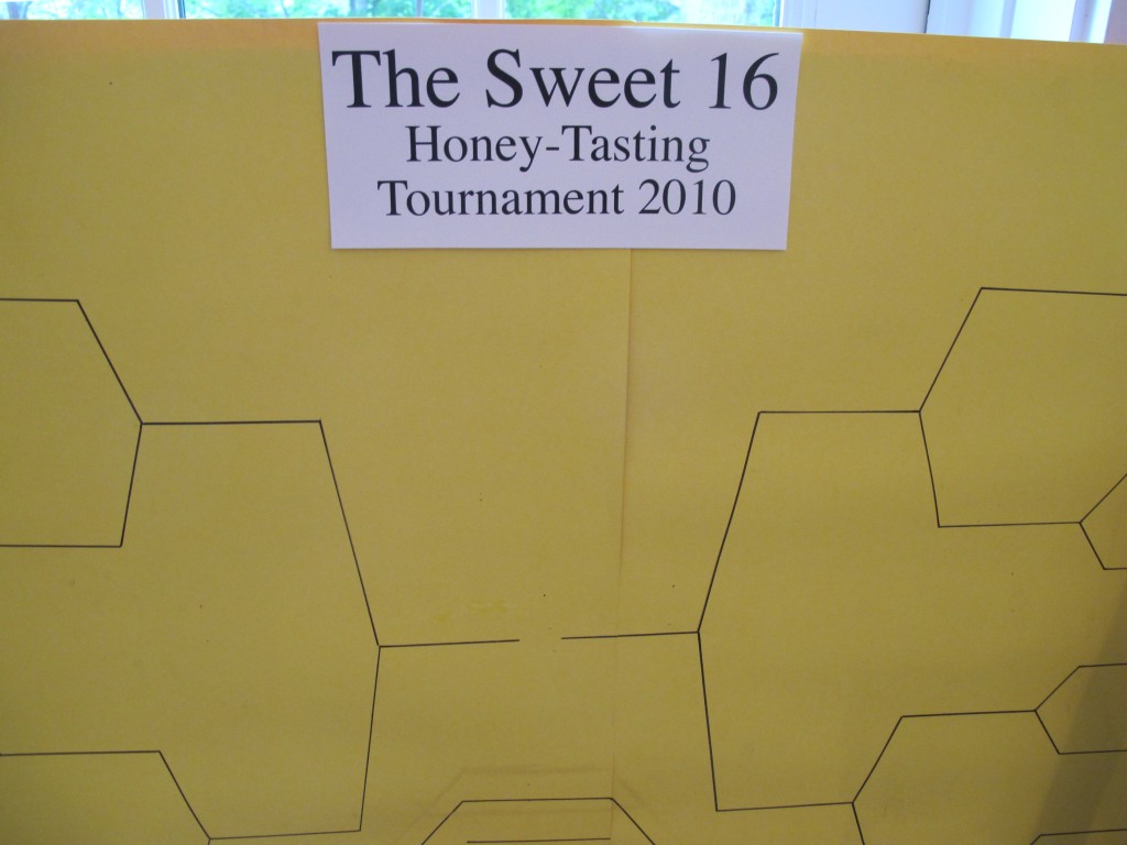 honeybracketBy popular demand, our honey-tasting tournament is back. It's set up like the NCAA basketball tournament, with brackets and a single-elimination format. In the first three matches, Wisconsin Cranberry handily defeated Louisiana Wildflower 36-22 (in voting by people who tasted both); Pennsylvania Alfalfa pulled off a stunning 16-15 upset of Maine Blueberry; and Florida Orange Blossom edged North Carolina Sourwood 26-25.