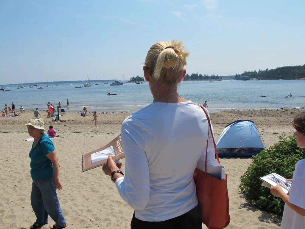 After lunch and a demonstration of ink-making, many group members took the short stroll to Seal Harbor beach to work.