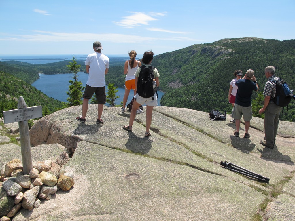 The view from the North Bubble out over Jordan Pond to the Atlantic Ocean.