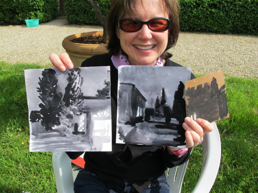 Pamelia with some quick night sketches she did in iron-gall ink; Margaret had us go out after dark to do these so-called nocturnes, which were a blast.