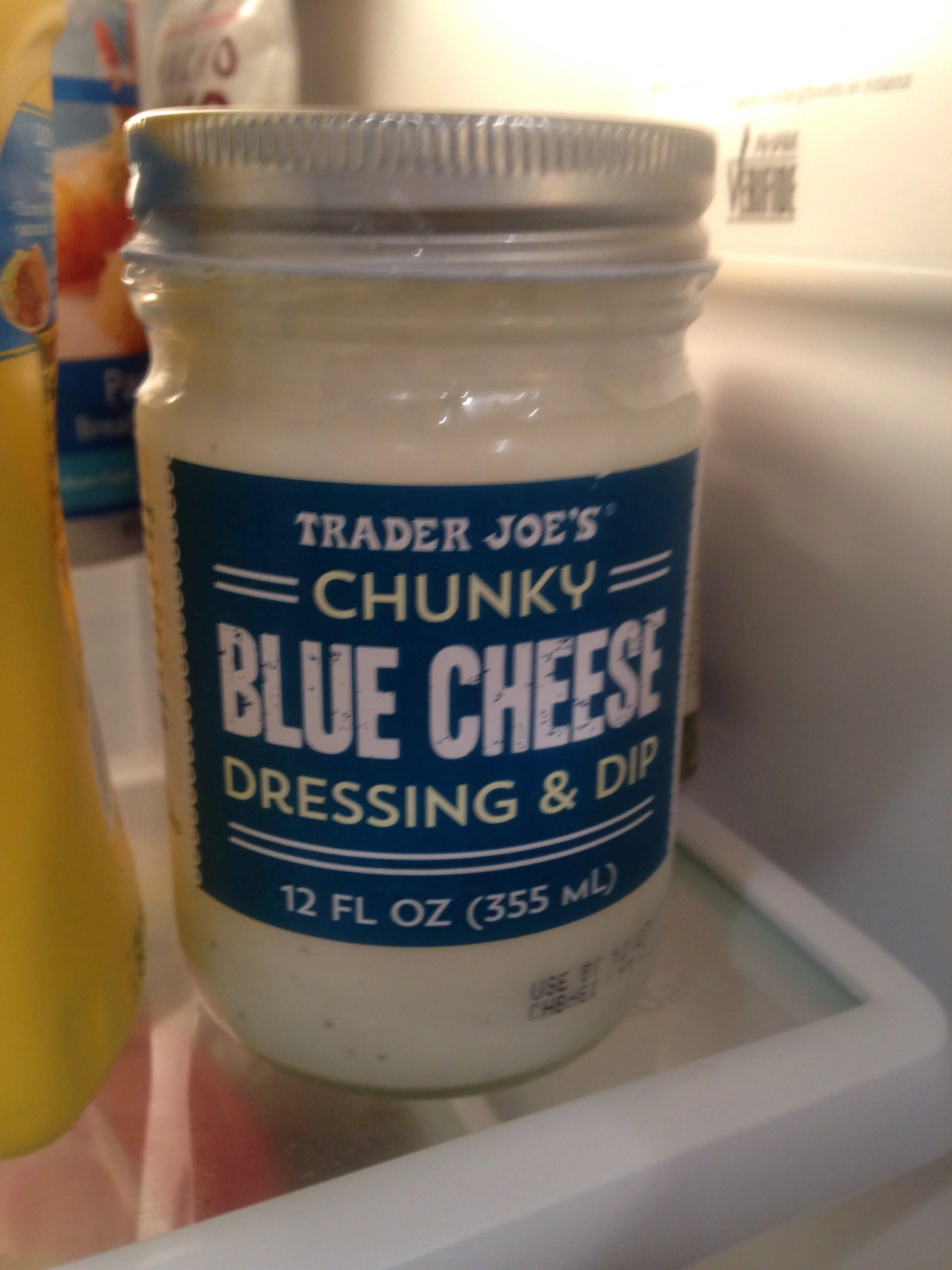 Jar of Trader Joe's Chunky Blue Cheese Dressing, relaxing in refrigerator, Satuday night, San Francisco, Dec. 3, 2016.